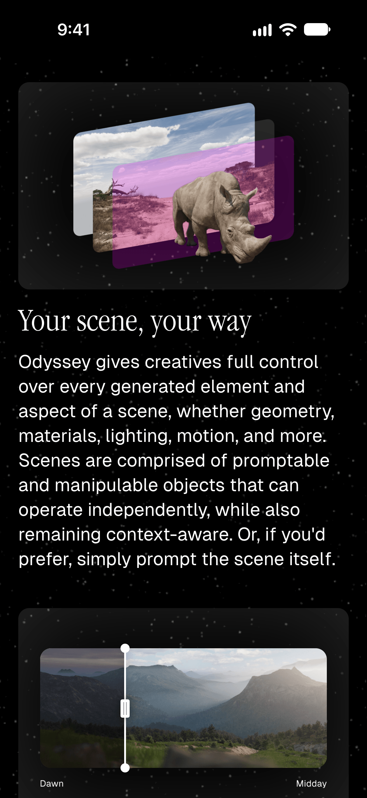 The principle Your scene, your way, with a rhino in front of the layers of its scene, pulled apart