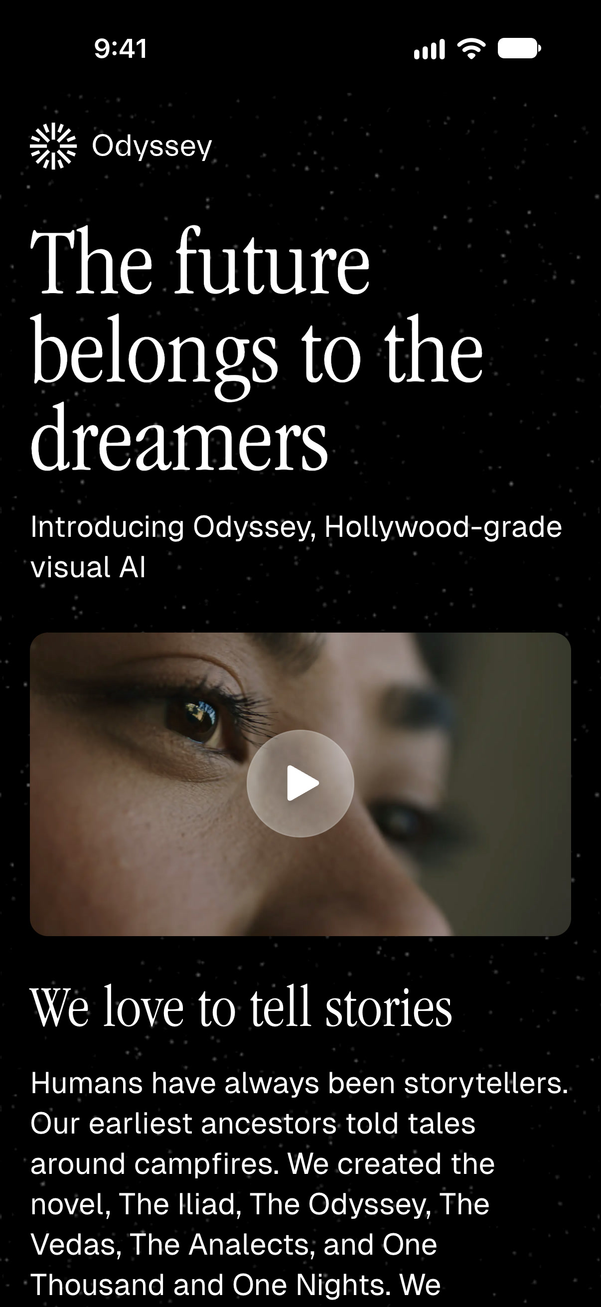 A recording of the site on a phone, scrolling from the headline through the manifesto, the four principles, a quote from Zack Snyder, the team, open roles, and investors to the end