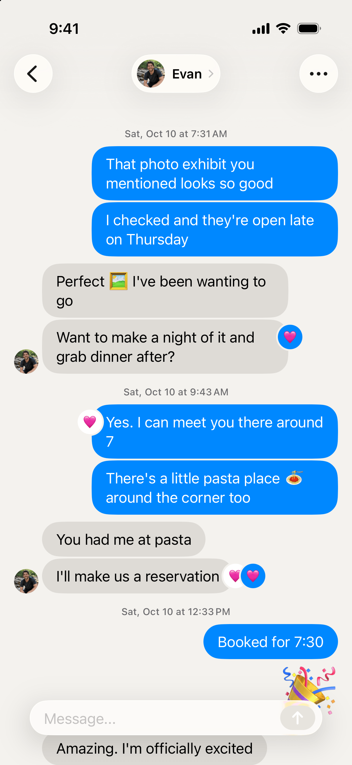 A conversation between Lucy and Evan, planning a photo exhibit and dinner
