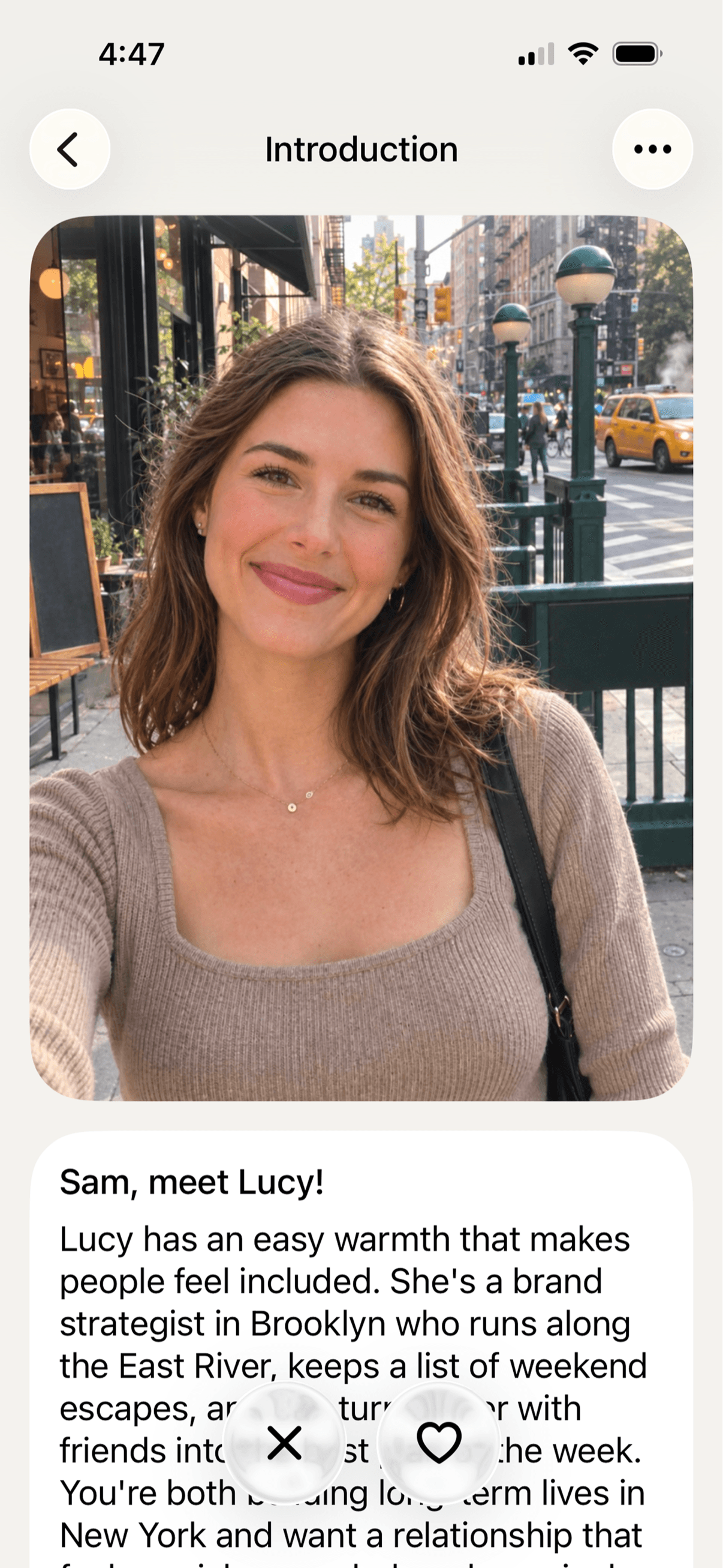 Sam’s introduction to Lucy, with her photo and a note on why they might connect