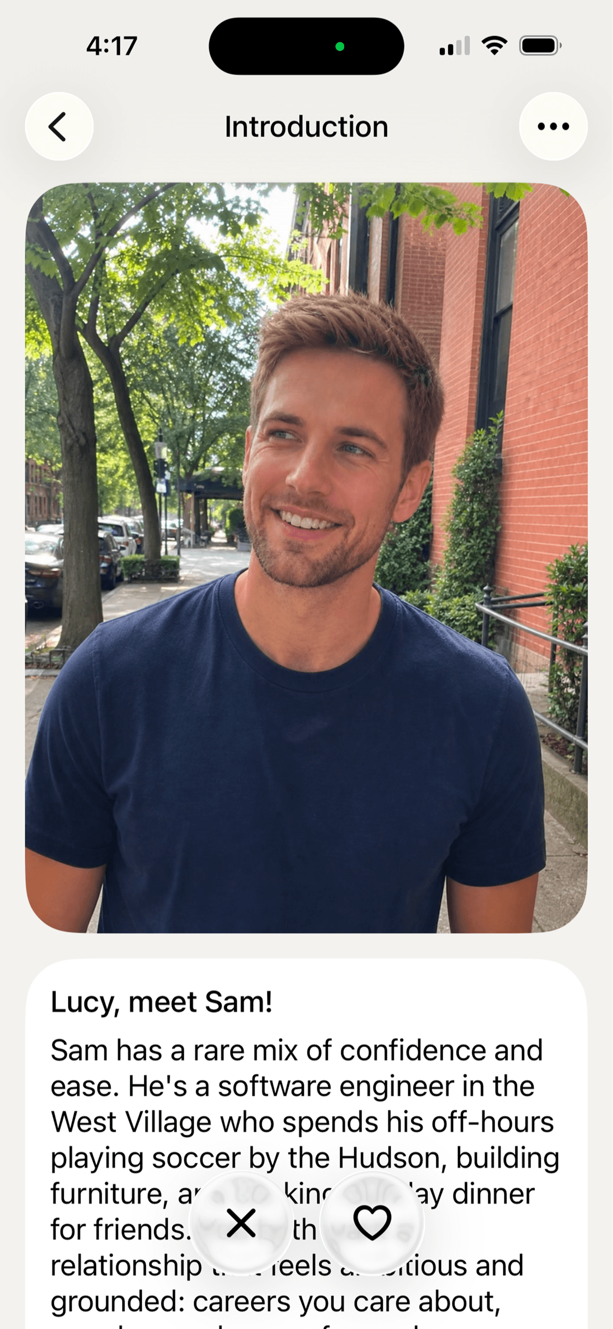 Lucy’s introduction to Sam, with his photo and a note on why they might connect