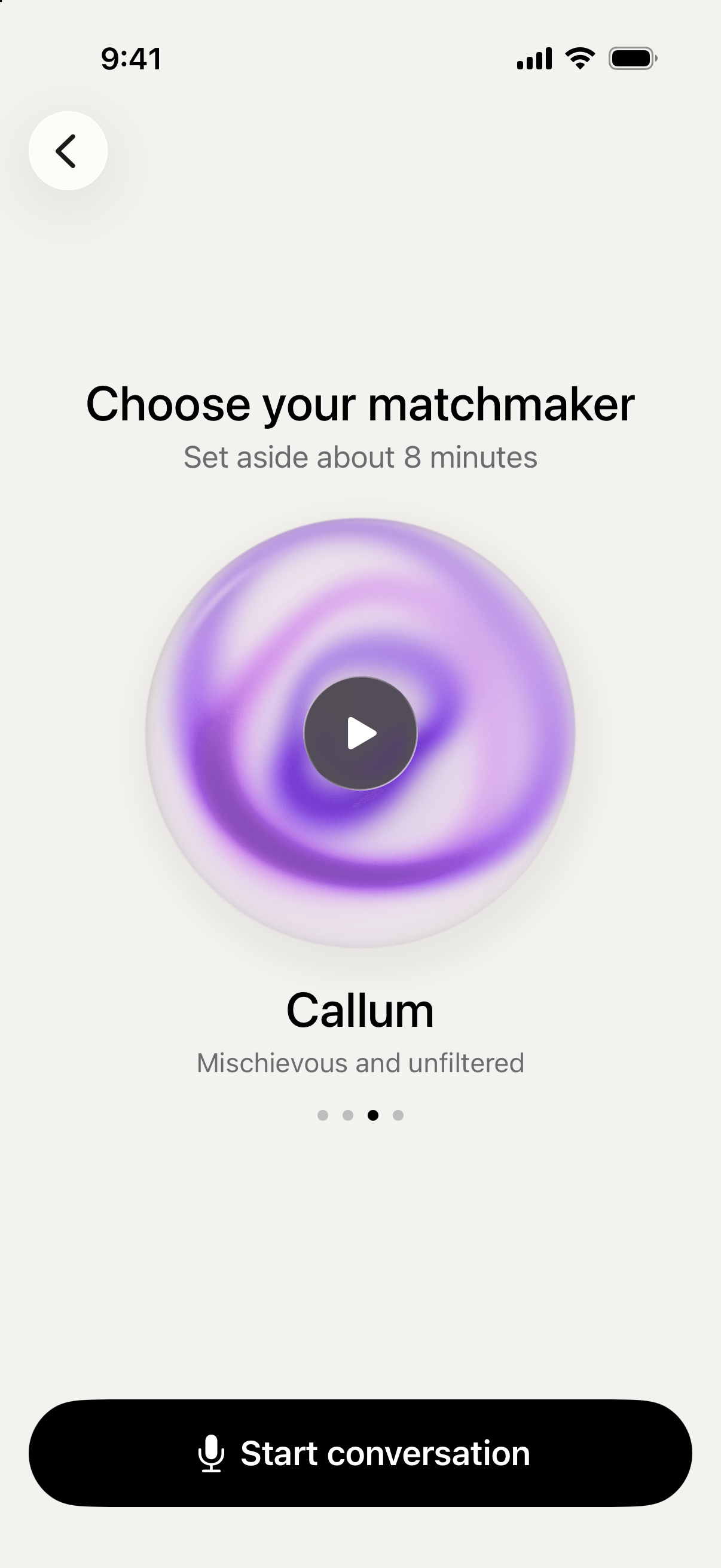 Choose your matchmaker, showing Callum, mischievous and unfiltered