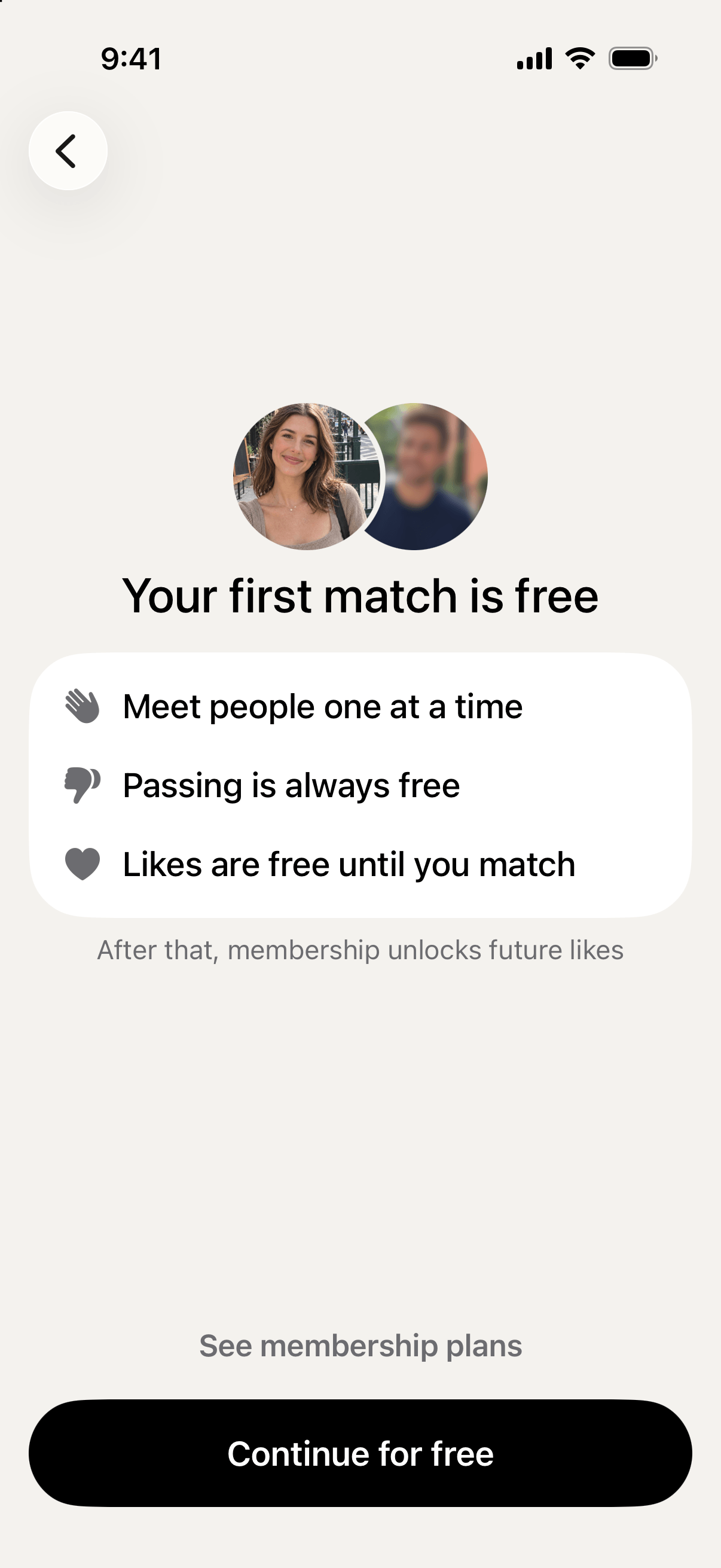 An onboarding step reading Your first match is free, with Lucy’s photo beside a blurred match