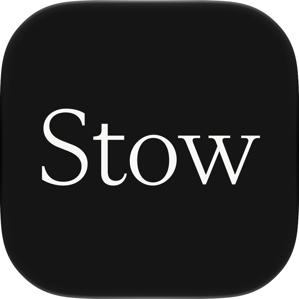 The Stow app icon, the wordmark in white on black