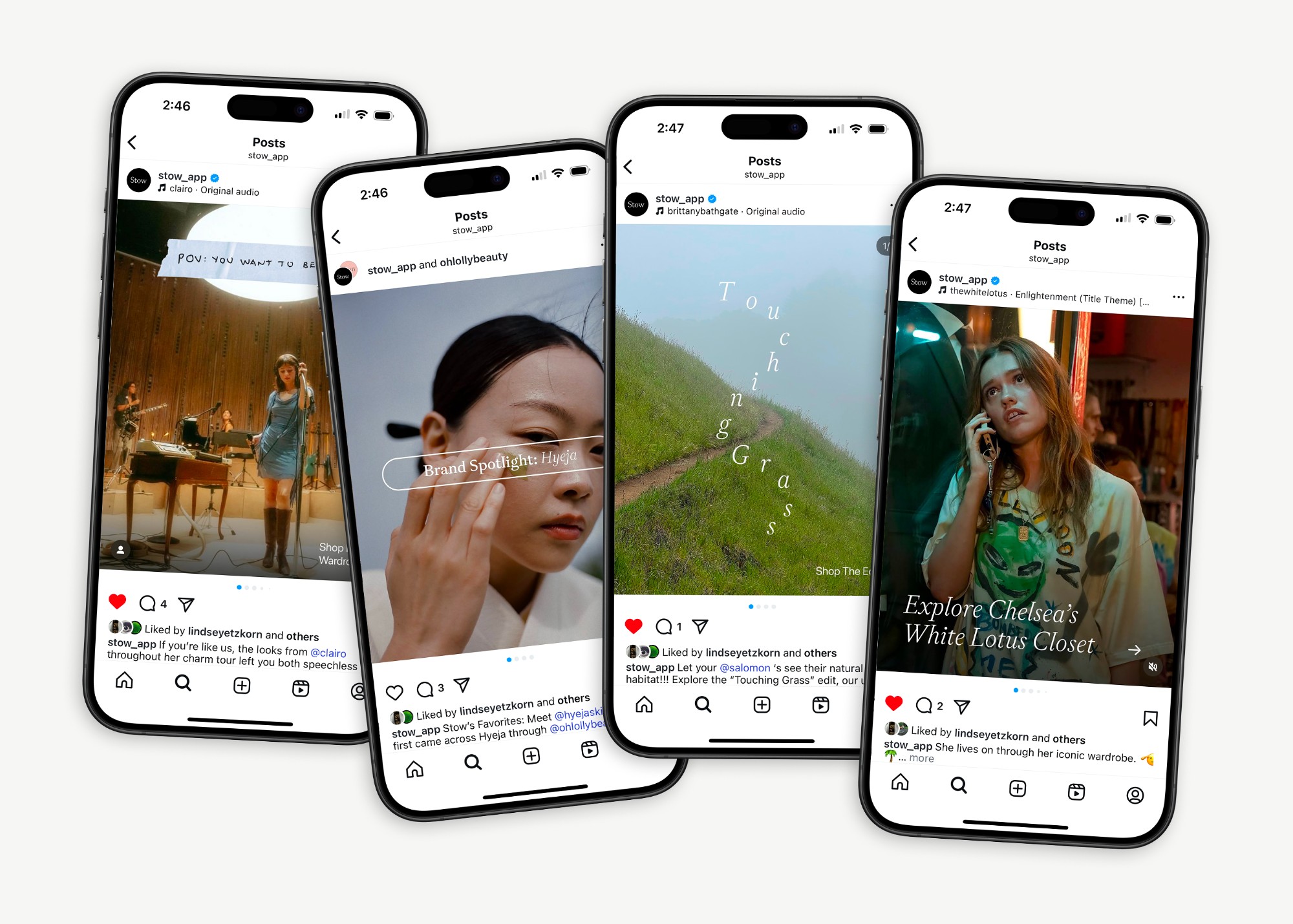 Four phones showing Stow posts on Instagram