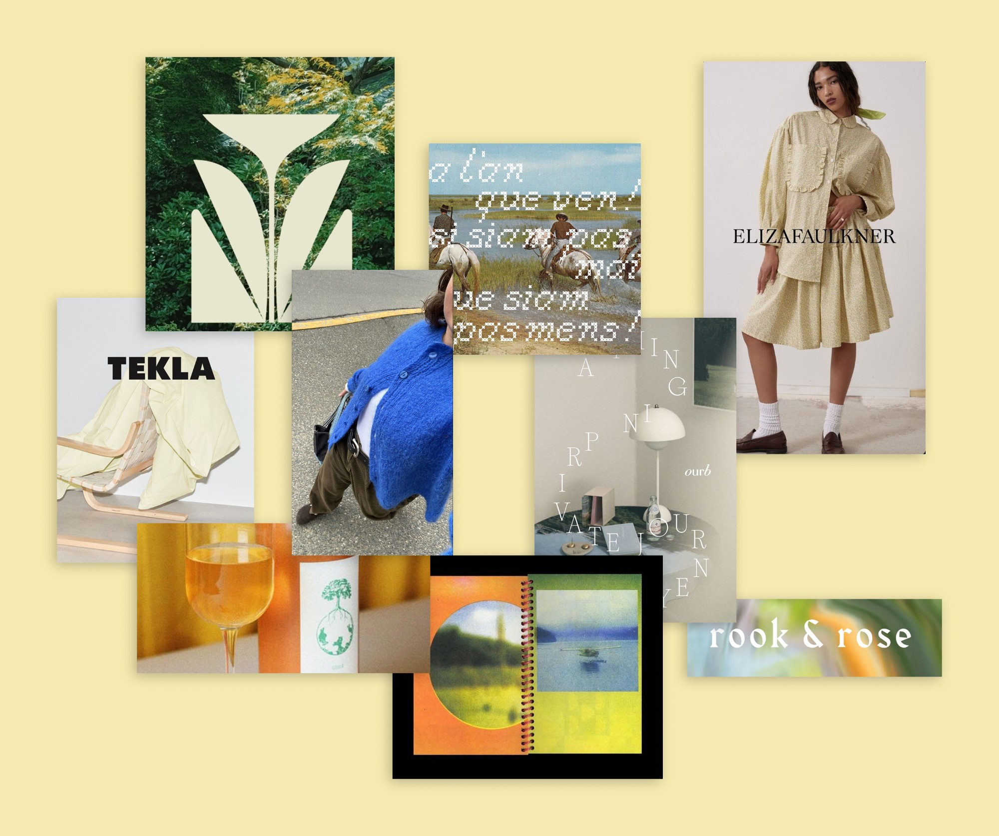 A moodboard of fashion, interiors, and print references