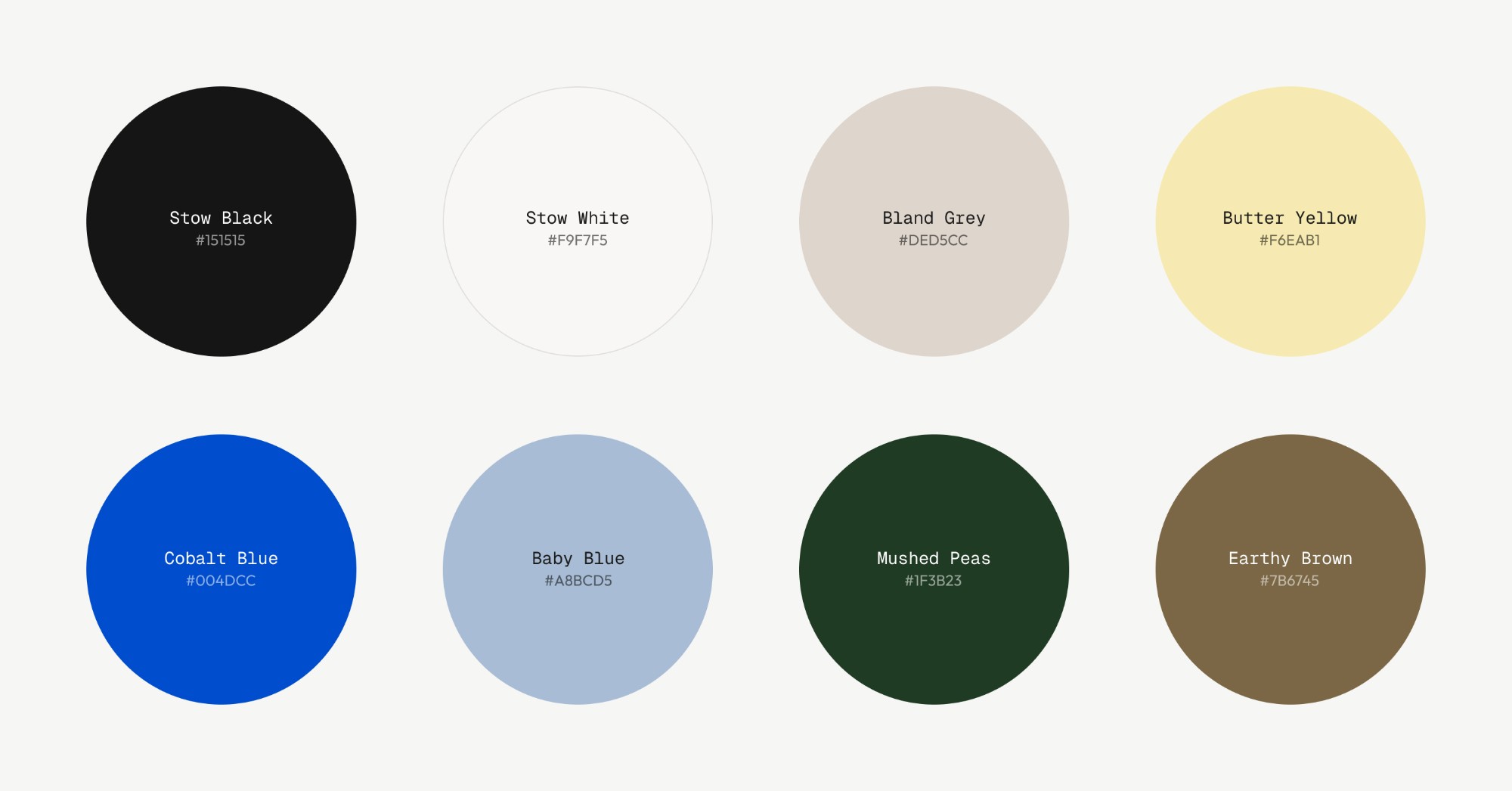 The Stow color palette, from Stow Black to Earthy Brown