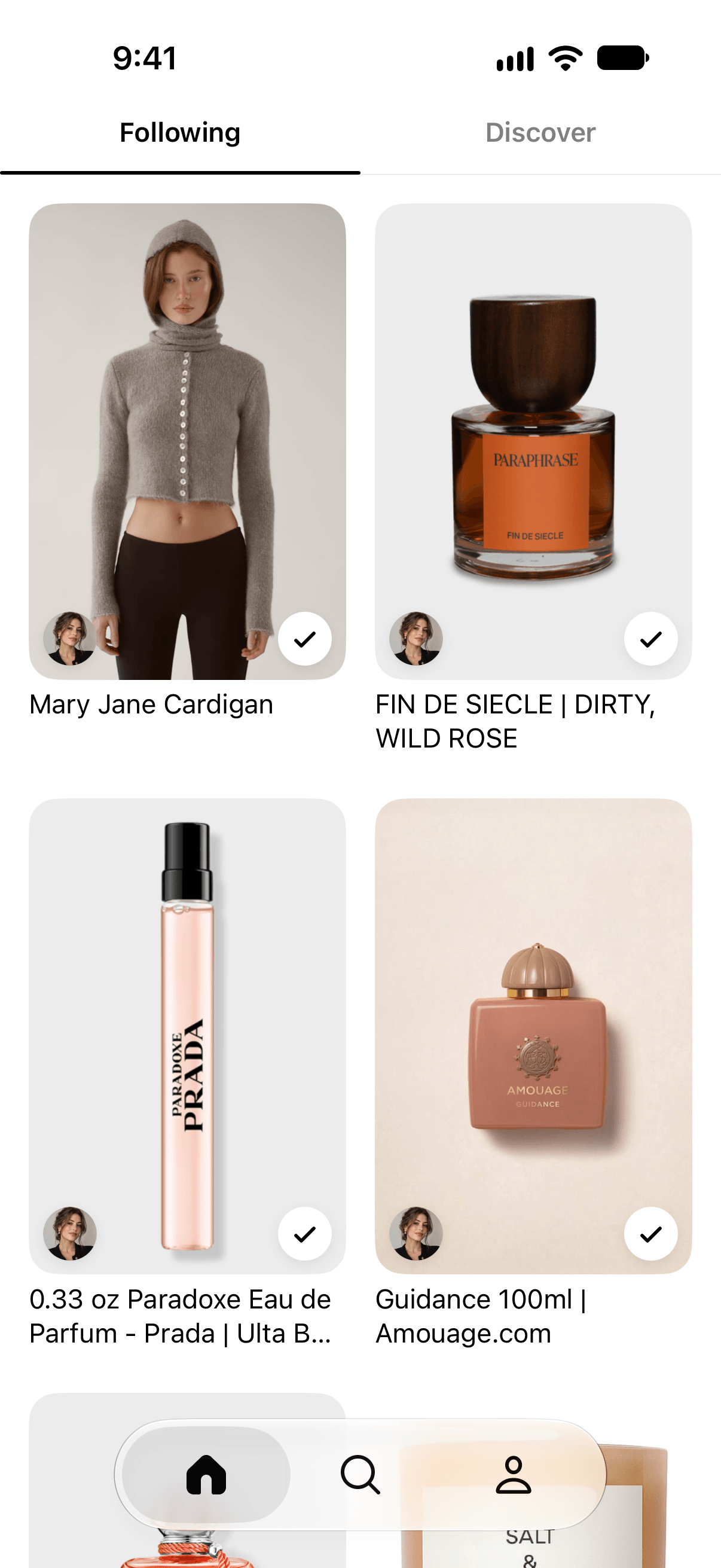 The Following feed, a grid of saved products