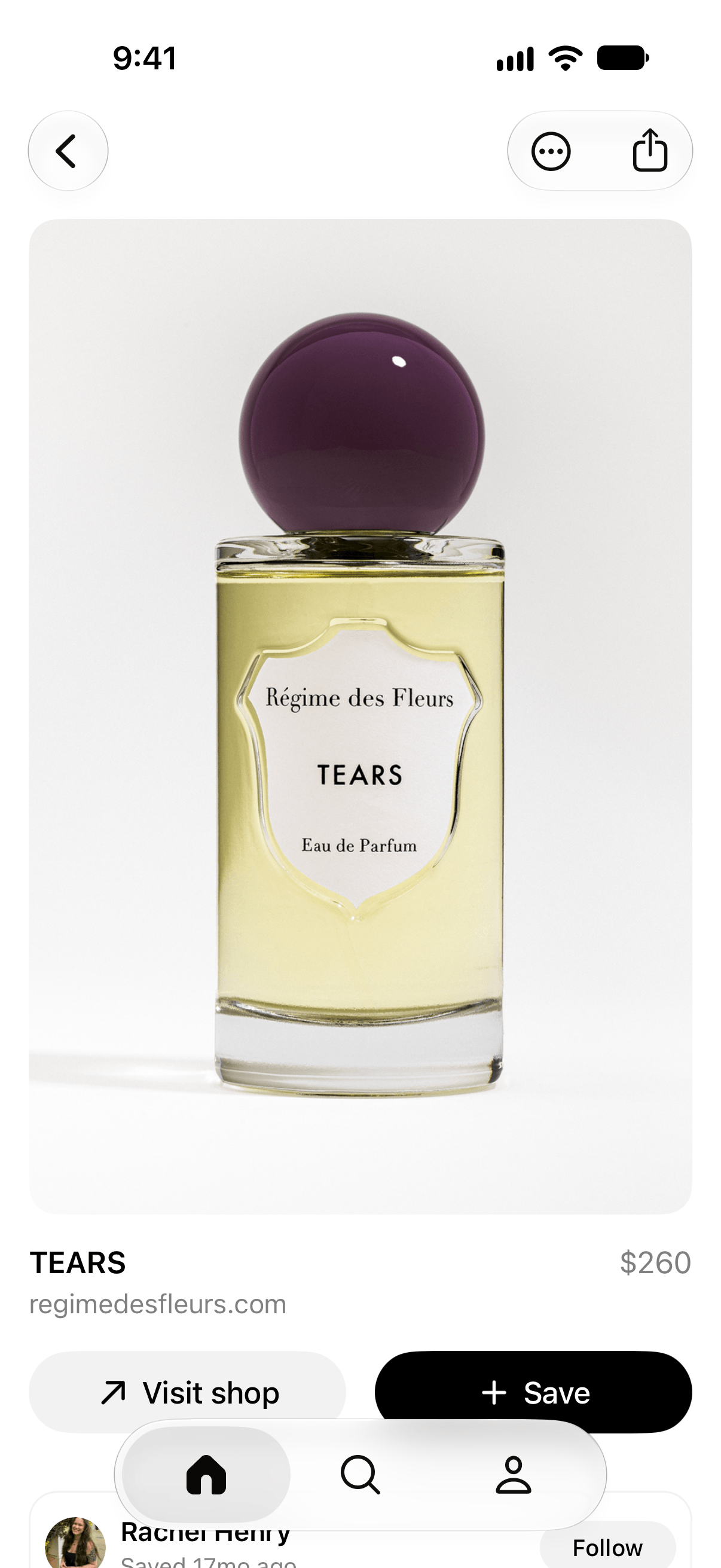 A product page for a perfume, with Visit shop and Save buttons