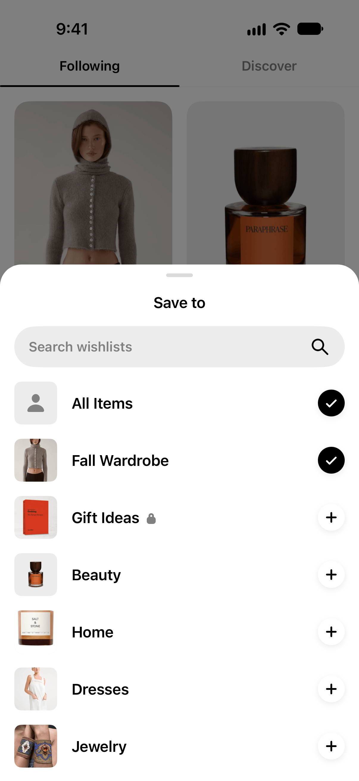 The Save to sheet, with two wishlists checked and a private one marked with a lock