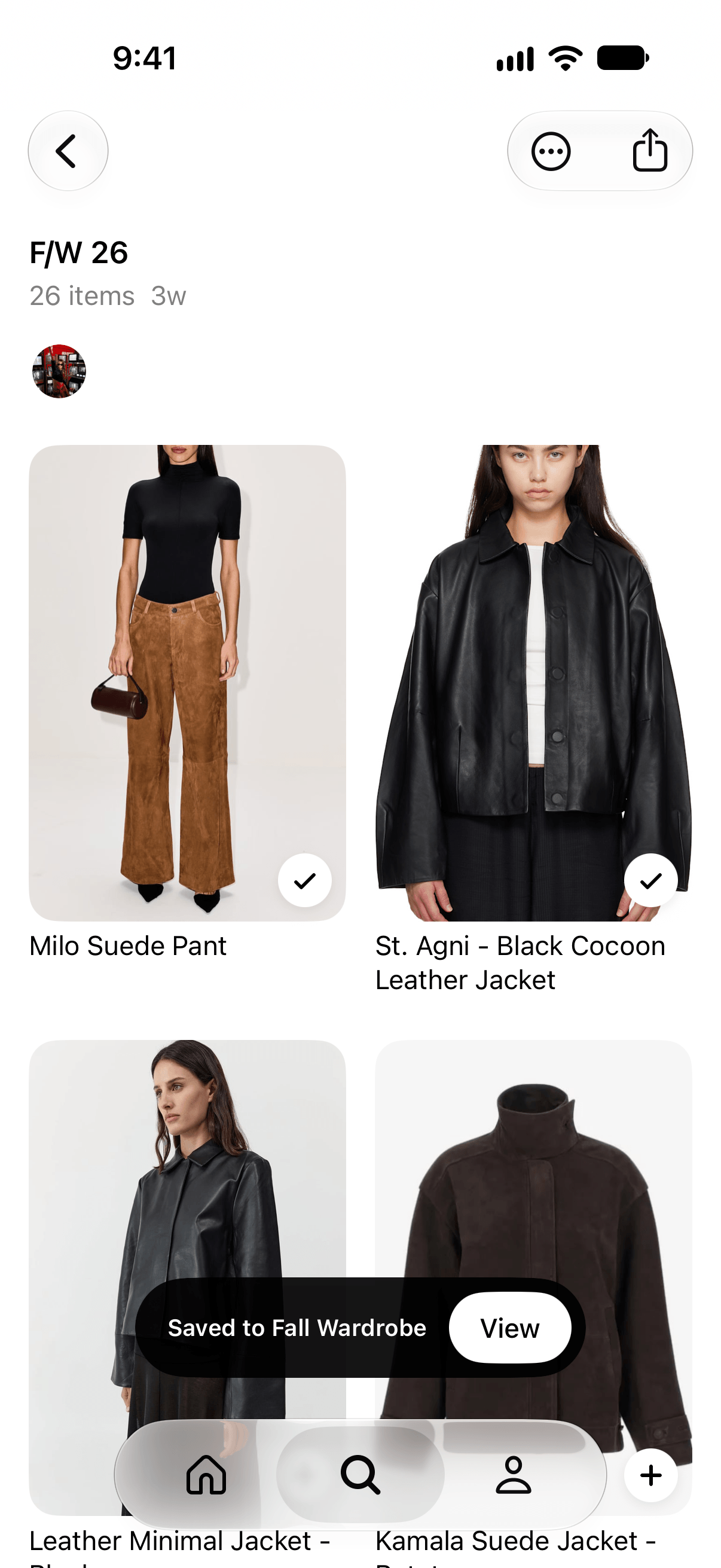 A wishlist with a Saved to Fall Wardrobe message and a View button