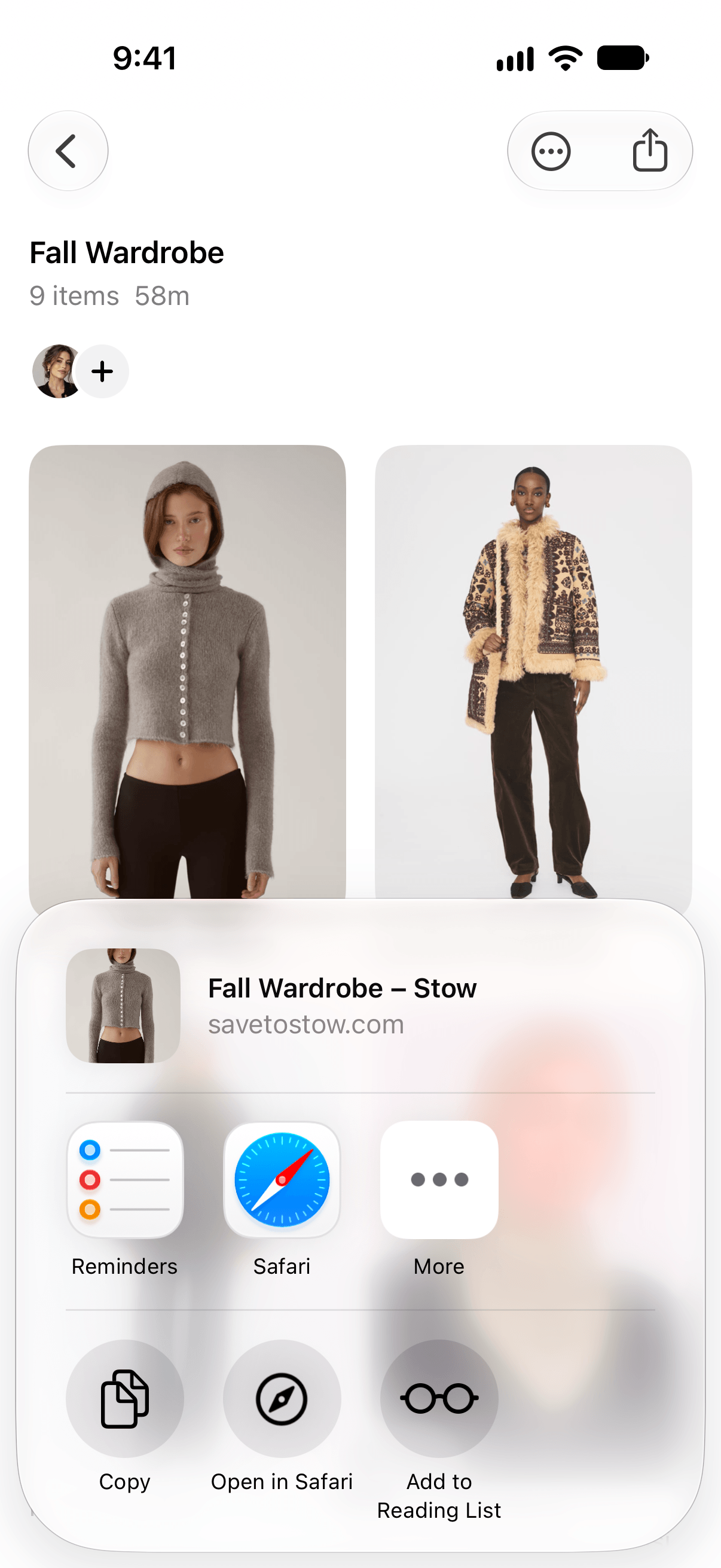 The share sheet for a wishlist called Fall Wardrobe