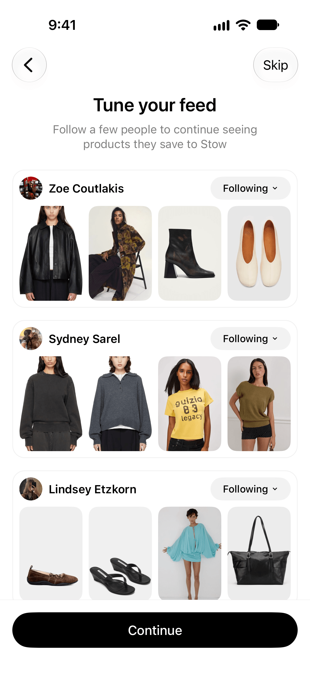 The sign-up step for following people, with three accounts followed