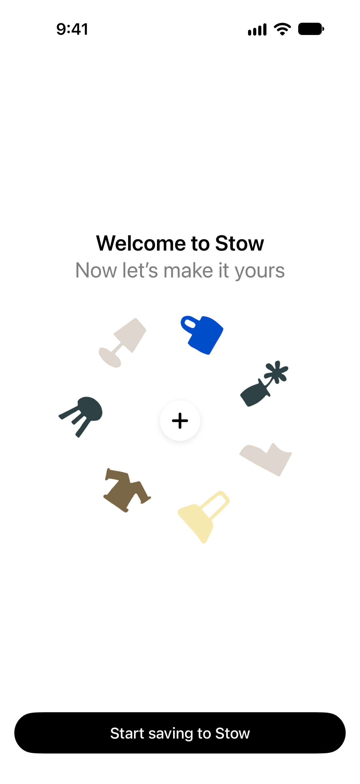 The welcome screen, with drawings of household objects around a plus button