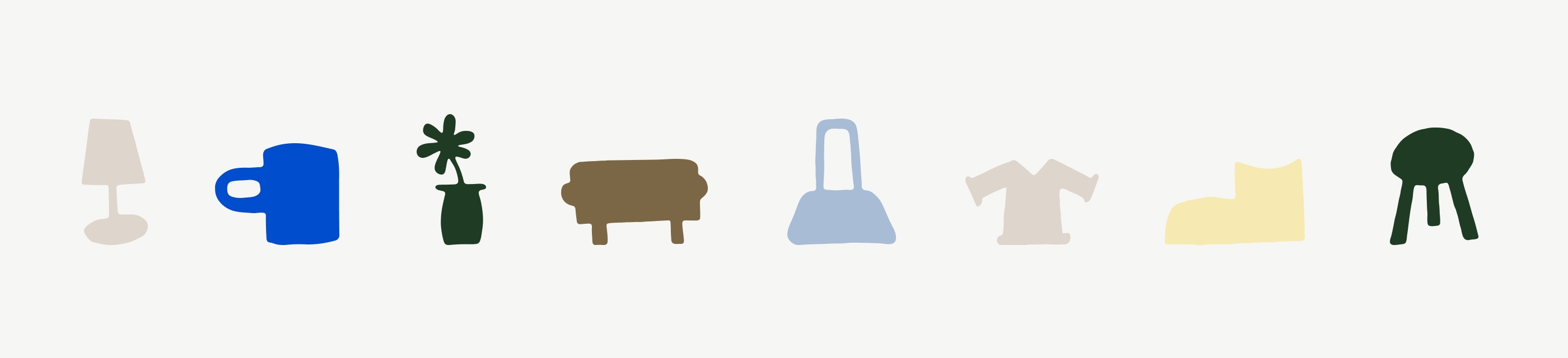 Drawings of a lamp, a mug, a potted flower, a sofa, a bag, a shirt, a boot, and a stool